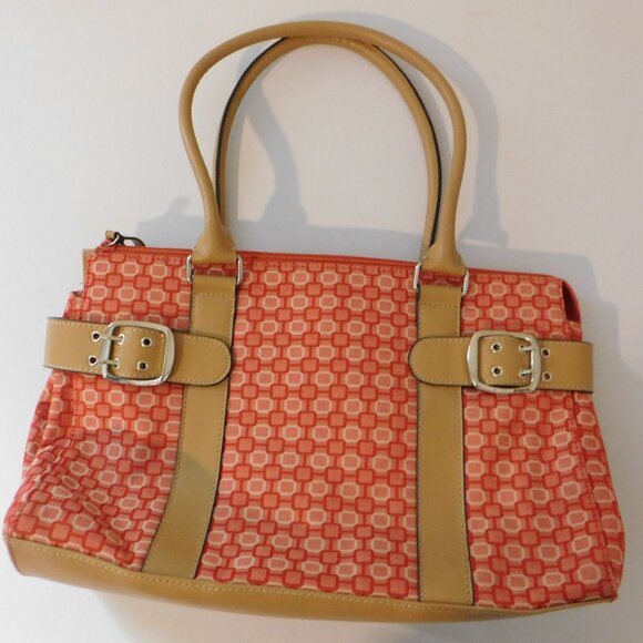 Nine West Pop Of Summer Color Orange Tan Handbag Signature Print Buckles Top Zip - Picture 1 of 11